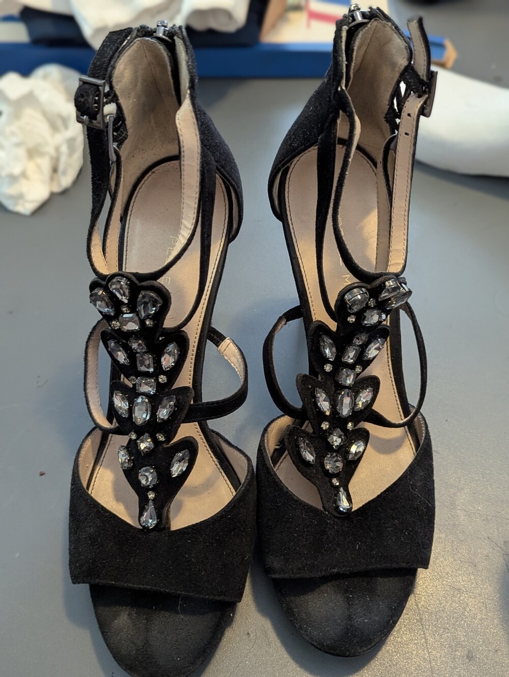 Pelle Moda 4.5" Black Suede Open Toe Heels Gem Embellished Sz 9.5 Strappy